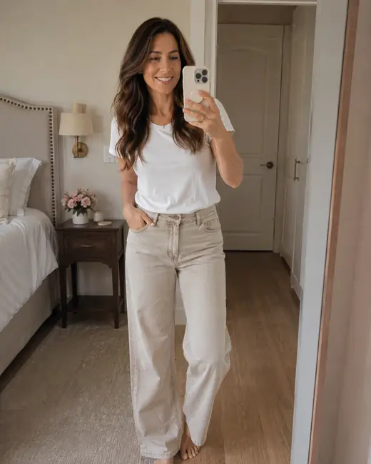 Laura hoy, con remera blanca y pantalón claro, en su pieza
