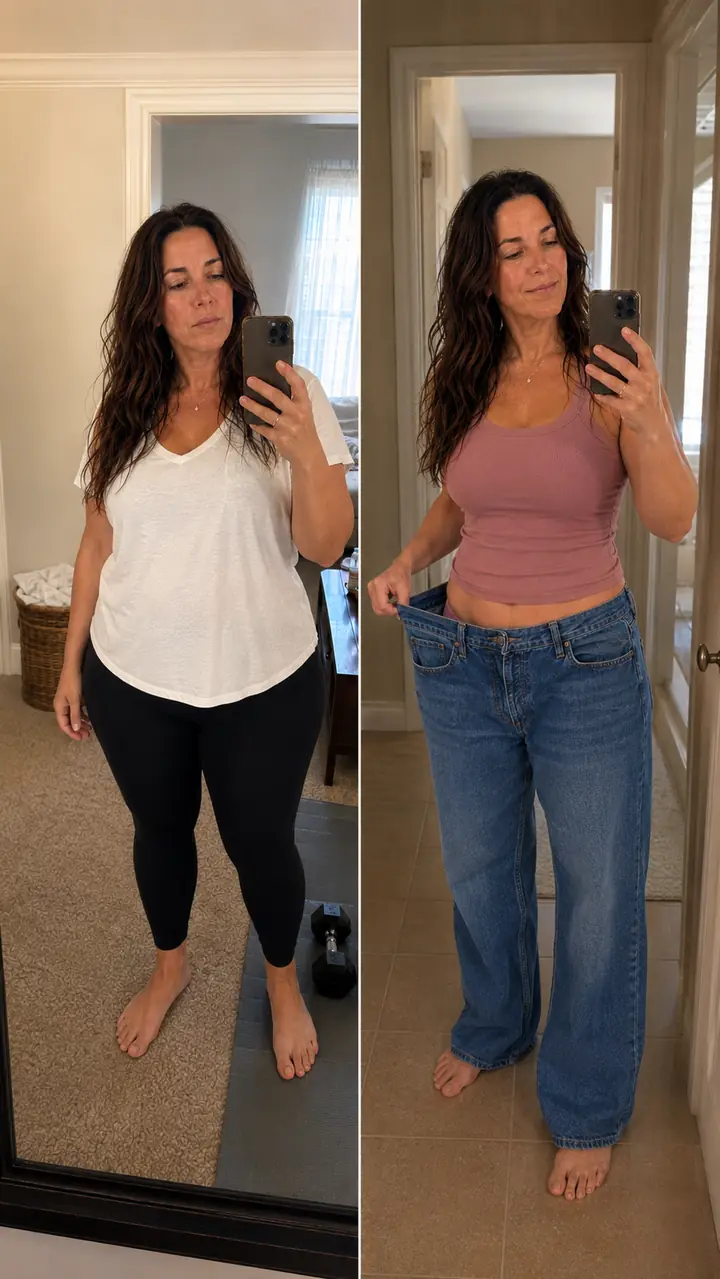 Laura antes y hoy, con su jean viejo que ahora le queda enorme